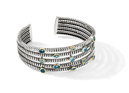 Shey Couture Sterling Silver Gold-tone Flash Gold-plated Antiqued Bezel Sky Blue Swiss and London Blue Topaz Cuff Bracel