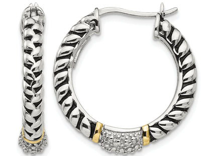 Shey Couture Sterling Silver with 14K Accent Antiqued Diamond Hoop Earrings
