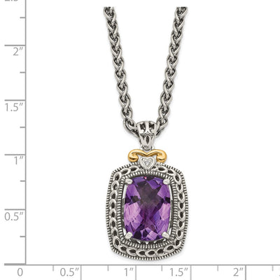 Shey Couture Sterling Silver with 14K Accent Antiqued Checkerboard-cut Cushion Amethyst and Diamond Necklace