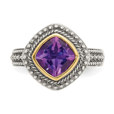 Shey Couture Sterling Silver with 14K Accent Antiqued Cushion Bezel Amethyst Ring