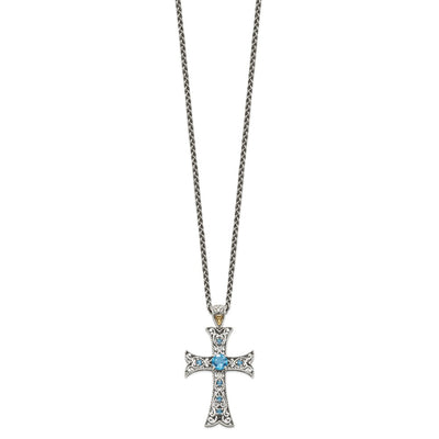 Shey Couture Sterling Silver Rhodium-plated with 14K Accent Antiqued Round Blue Topaz Cross Necklace