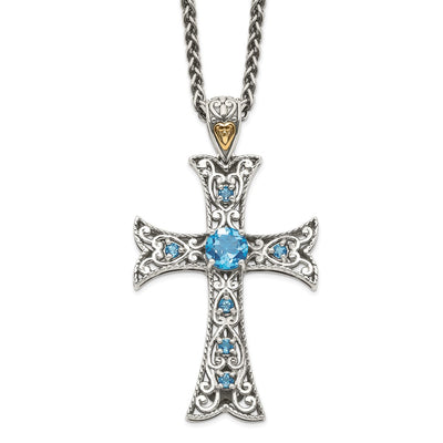 Shey Couture Sterling Silver Rhodium-plated with 14K Accent Antiqued Round Blue Topaz Cross Necklace