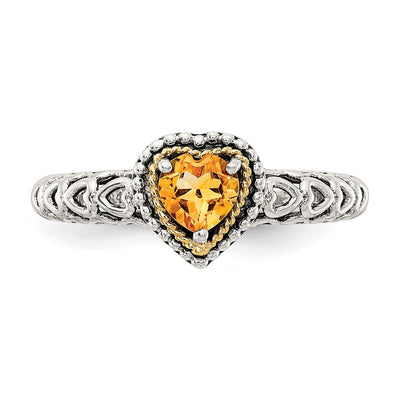 Shey Couture Sterling Silver with 14K Accent Antiqued Heart Citrine Ring