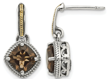 Shey Couture Sterling Silver with 14K Accent Antiqued Cushion Smoky Quartz Post Dangle Earrings