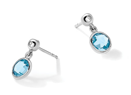 White Ice Sterling Silver Rhodium-plated Blue Topaz and Diamond Post Dangle Teardrop Earrings, 11 x 6mm