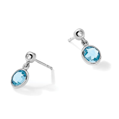 White Ice Sterling Silver Rhodium-plated Blue Topaz and Diamond Post Dangle Teardrop Earrings, 11 x 6mm