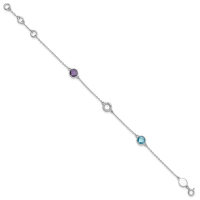 White Ice Sterling Silver/Rhodium-plated Diamond, Blue Topaz, Amethyst Bracelet plus Extender