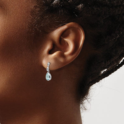 White Ice Sterling Silver Rhodium-plated Blue Topaz and Diamond Post Dangle Teardrop Earrings, 16 x 6mm