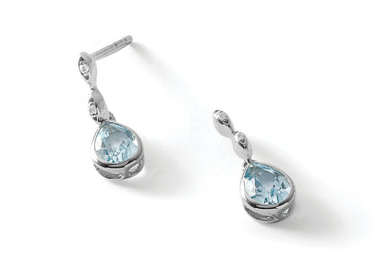 White Ice Sterling Silver Rhodium-plated Blue Topaz and Diamond Post Dangle Teardrop Earrings, 16 x 6mm