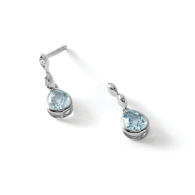 White Ice Sterling Silver Rhodium-plated Blue Topaz and Diamond Post Dangle Teardrop Earrings, 16 x 6mm
