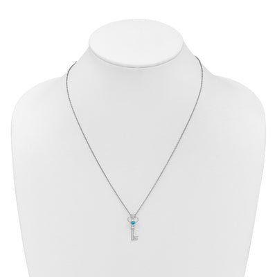 White Ice Sterling Silver Rhodium-plated Key with Blue Topaz and Diamond 18in Necklace with 2in extender