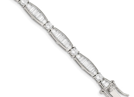 Sterling Silver Rhodium-plated Baguette and Round CZ Bracelet (Style QX400CZ)