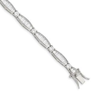 Sterling Silver Rhodium-plated Baguette and Round CZ Bracelet (Style QX400CZ)