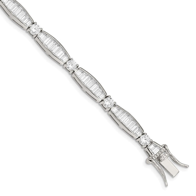 Sterling Silver Rhodium-plated Baguette and Round CZ Bracelet, 7 x 6mm