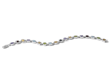 Sterling Silver Rhod Plated Rainbow Multi-gemstone Bracelet