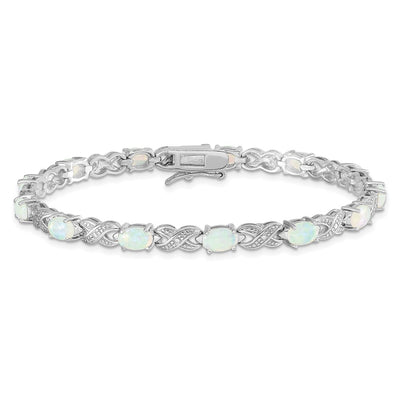 Sterling Silver Rhodium Plated Created Opal XO Bracelet