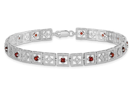 Sterling Silver Rhodium-plated Garnet Diamond Bracelet (Style QX833GA)