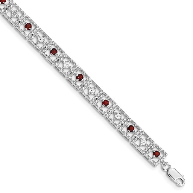 Sterling Silver Rhodium-plated Garnet Diamond Bracelet, 7 x 6mm