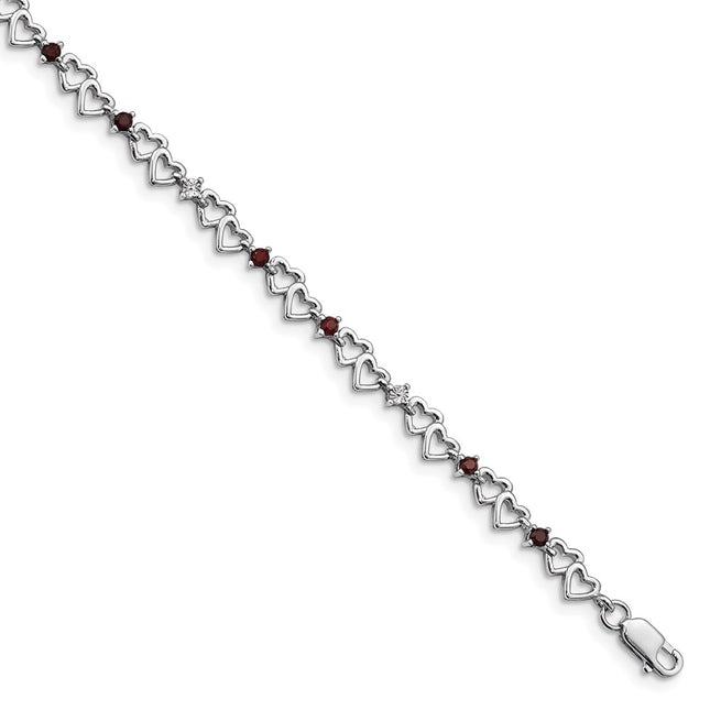 Sterling Silver Rhodium-plated Garnet Diamond Bracelet, 7 x 4mm