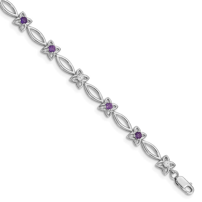 Sterling Silver Rhodium-plated Amethyst Diamond Bracelet, 7 x 5mm