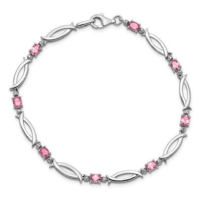 Sterling Silver Rhodium-plated Pink Tourmaline and Diamond Bracelet, 7 x 3mm