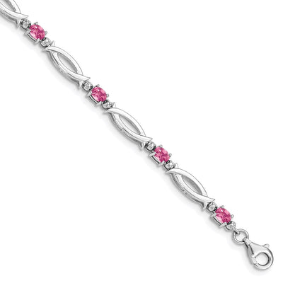 Sterling Silver Rhodium-plated Pink Tourmaline and Diamond Bracelet, 7 x 3mm