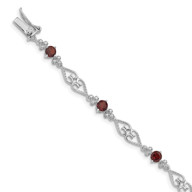 Sterling Silver Rhodium-plated Diamond Garnet Bracelet, 7 x 4mm