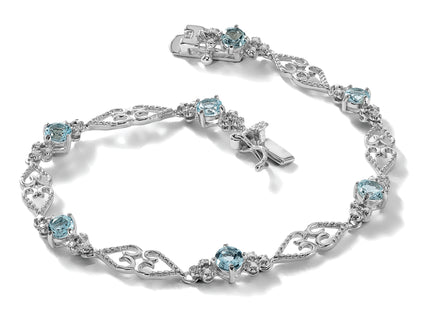 Sterling Silver Rhodium-plated Diamond Aquamarine Bracelet
