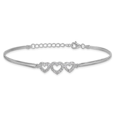 Sterling Silver Rhodium-plated Polished Three Linked CZ Open Hearts Bracelet with extension