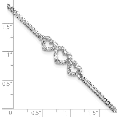 Sterling Silver Rhodium-plated Polished Three Linked CZ Open Hearts Bracelet with extension