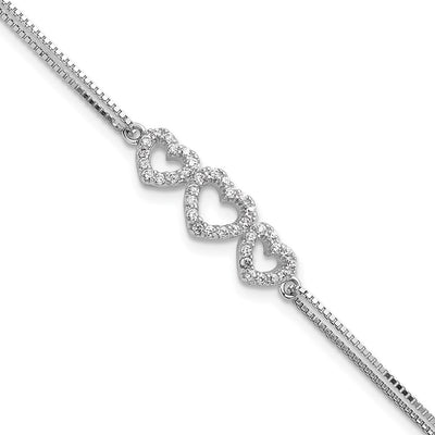 Sterling Silver Rhodium-plated Polished Three Linked CZ Open Hearts Bracelet with extension