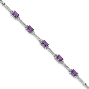 Sterling Silver Rhodium-plated Amethyst & Diamond Tennis Bracelet (Style QX947AM)