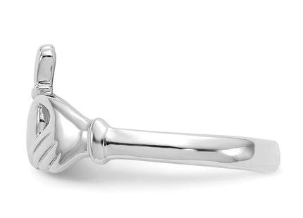 14K White Gold Polished Fan Crown Claddagh Ring, 2.34 grams, view 2