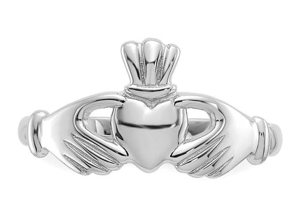 14K White Gold Polished Fan Crown Claddagh Ring, 2.34 grams, view 3