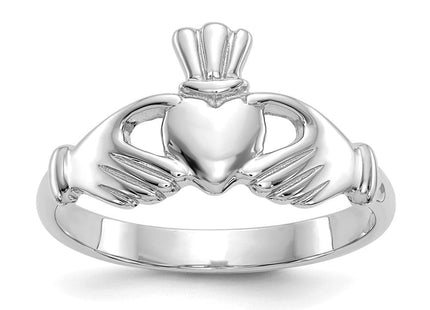 14K White Gold Polished Fan Crown Claddagh Ring, 2.34 grams