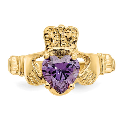 14K February CZ Birthstone Claddagh Ring