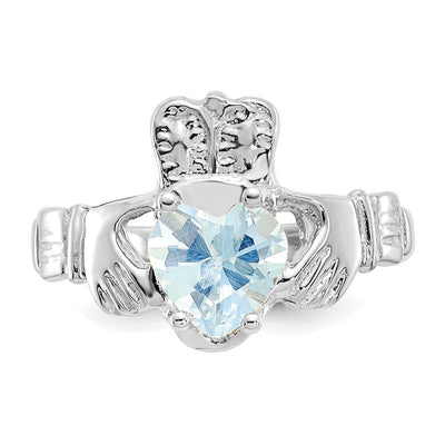 14K White Gold March CZ Birthstone Claddagh Ring