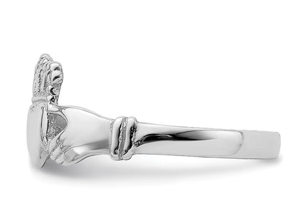 14K White Gold Polished Jeweled Crown Claddagh Ring, view 2