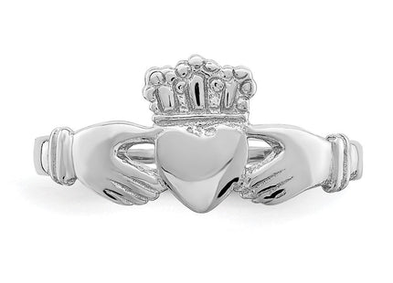 14K White Gold Polished Jeweled Crown Claddagh Ring, view 4