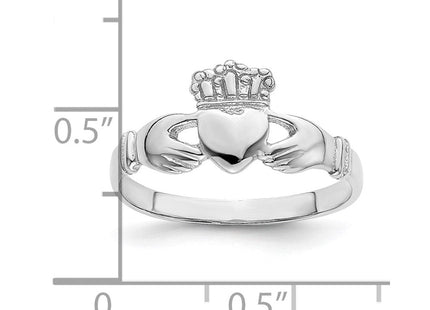 14K White Gold Polished Jeweled Crown Claddagh Ring, view 6