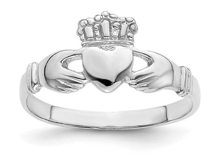 14K White Gold Polished Jeweled Crown Claddagh Ring