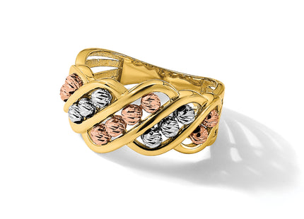 14K Tri-color Polished and Diamond-cut Beads Fashion Ring