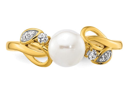 14K Polished 1/15 carat Diamond and White Freshwater Cultured Pearl Size 7 Ring (Style RM10176-008-YAA)