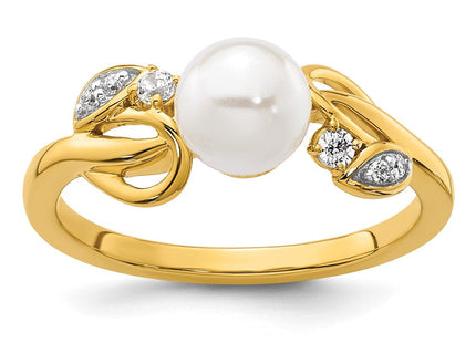 14K Polished 1/15 carat Diamond and White Freshwater Cultured Pearl Size 7 Ring (Style RM10176-008-YAA)