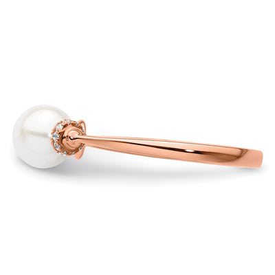 14K Rose Gold Polished 1/15 carat Diamond and White Freshwater Cultured Pearl Size 7 Ring