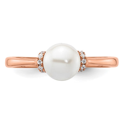 14K Rose Gold Polished 1/15 carat Diamond and White Freshwater Cultured Pearl Size 7 Ring