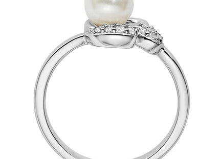 14K White Gold Polished 1/10 carat Diamond and White Freshwater Cultured Pearl Size 7 Ring (Style RM10186-010-WAA)