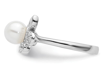 14K White Gold Polished 1/10 carat Diamond and White Freshwater Cultured Pearl Size 7 Ring (Style RM10186-010-WAA)