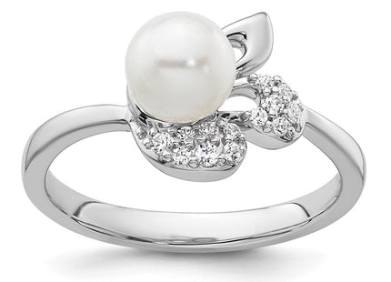 14K White Gold Polished 1/10 carat Diamond and White Freshwater Cultured Pearl Size 7 Ring (Style RM10186-010-WAA)