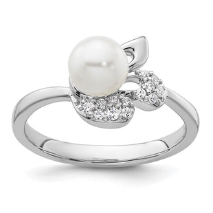 14K White Gold Polished 1/10 carat Diamond and White Freshwater Cultured Pearl Size 7 Ring (Style RM10186-010-WAA)